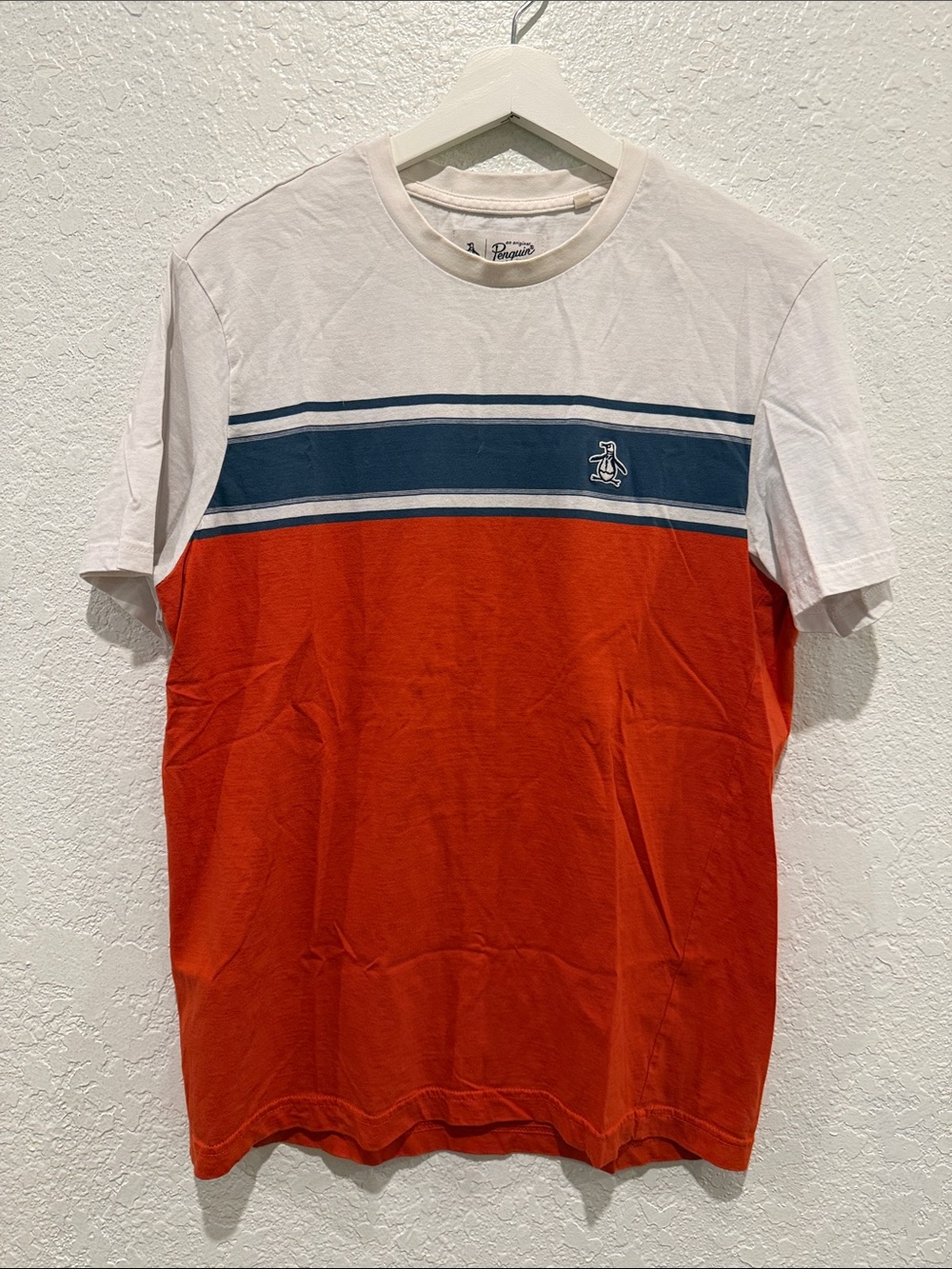 Original Penguin Short-Sleeve Crew Tee in White, Blue & Orange